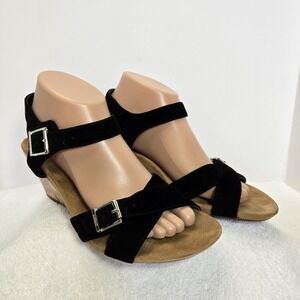 Vionic Noble Anka Black Velvet Womens Size 8 Buckle Wedge Sandals Comfort Step